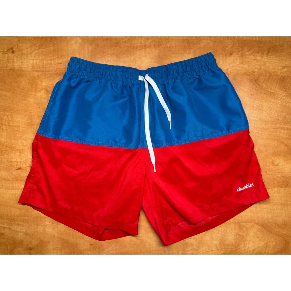 Chubbies Mens Red Blue Colorblock Swim Trunks Mesh Lined Shorts L Made in USA